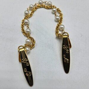 60's Faux Pearl Double Chain Sweater Clips Gold Tone Sweater Guards Accessories